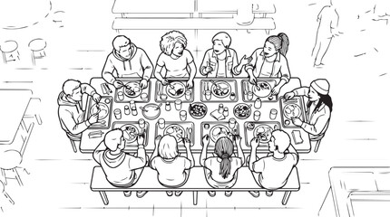 Obraz premium People sitting at a large banquet table enjoy a communal dining experience in a bright and open indoor environment with spacious seating arrangements.