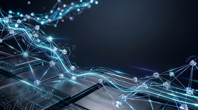 Abstract blockchain network data stream flowing over dark metallic computer microchip blocks