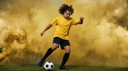 Naklejka premium Football Player in Dramatic Yellow Smoke During International Tournament Match