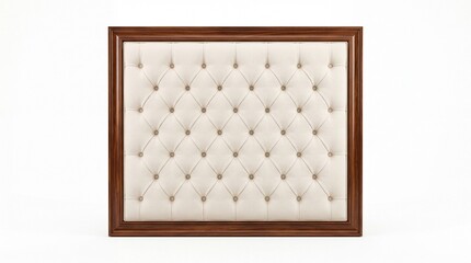 Fototapeta premium Elegant square upholstered headboard with tufted cream fabric and polished dark wooden frame on white background