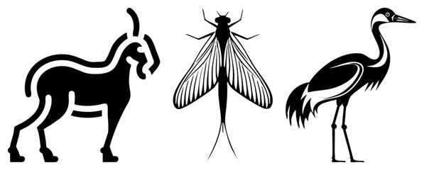 Obraz premium This striking set features a stylized mountain goat, a delicate moth, and a tall heron. These animal glyphs use bold negative space to create clean, high contrast wildlife silhouettes.