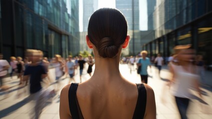 Obraz premium A serene woman stands still in the midst of a bustling city street, her dark hair neatly tied in a bun, as blurred pedestrians rush past her in every direction.