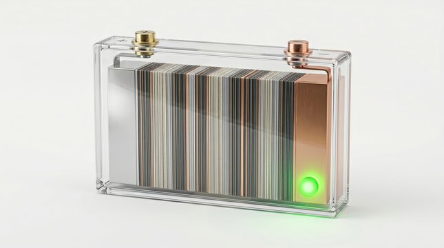 Innovative transparent battery concept with internal layers and green status indicator light isolated on white background