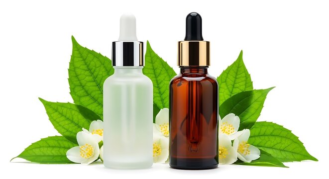 Amber and White Cosmetic Bottles with Green Leaves and White Flowers on White Background