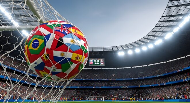 Soccer ball with world flags pattern flying into goal net isolated on football transparent background international