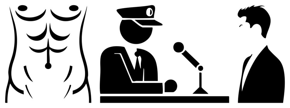 This set of black glyphs a muscular six pack, a or officer at a desk, and a man in a suit. These stylized shapes include a buff physique, a at a station, and a gentleman.