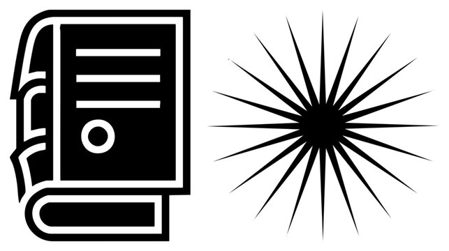 Simple tome or hardback volume standing next to a sharp sunburst shape. This reading material, often called a manual or a codex, features a bold silhouette design.