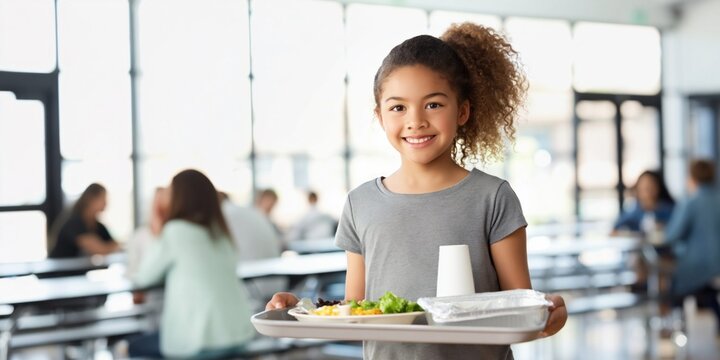 Smiling young girl holding a lunch tray in a bright school cafeteria
