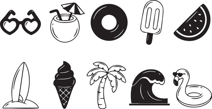 Summer vacation icons set with sunglasses, coconut, donut, popsicle, watermelon, surfboard, ice cream, palm tree, wave, and flamingo floatie vector graphic illustration