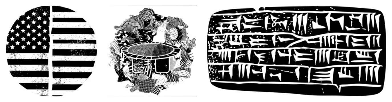 This gritty collection features a distressed star spangled banner, a halftone drum kit, and ancient Sumerian tablet inscriptions, including a cuneiform slab and a rhythmic percussion set.