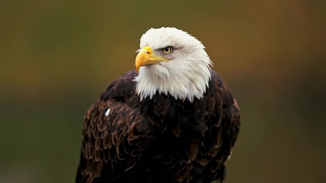 Bald eagle with open beak screeches loudly in nature.