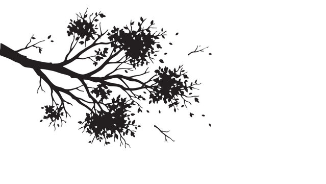 Tree branch with falling leaves vector illustration, black silhouette on white background, seasonal graphic design element, autumn symbol, nature graphic