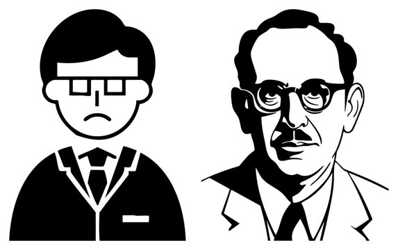 Stylized duo featuring a simple and a detailed portrait of a gentleman, rendered in high contrast stencil style. This headshot depicts a smarty pants character and a distinguished egghead in a