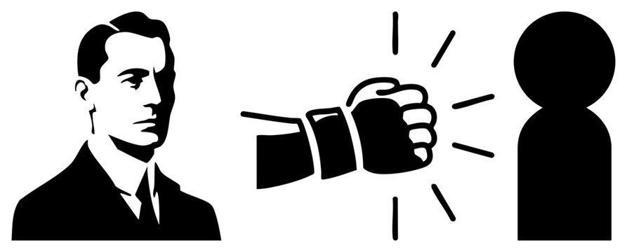 Dramatic stencil portrait of a gentleman alongside a powerful punch or haymaker. This graphic features a strong fist and a mysterious shadowy figure in a bold high contrast composition.