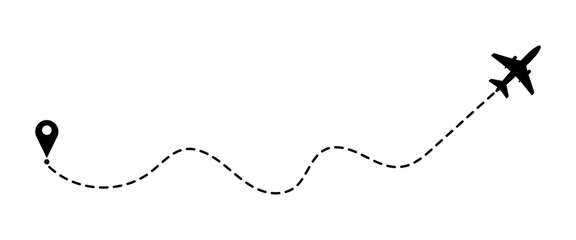Flight path dotted curve line route start point to destination concept of travel, foreign tour, navigation, plane route map. Black aircraft travel route with dashed line path. Vector illustration. © LionStudio