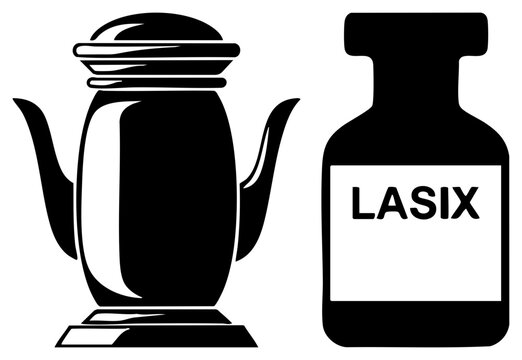 Minimalist black featuring a classic tea kettle alongside a bottle of Lasix. This medicinal water pill and teapot duo represents diuretic treatment and fluid management.