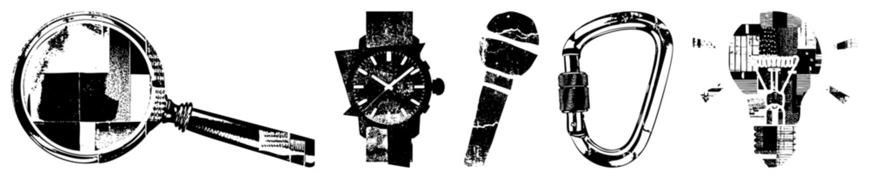 This gritty collection includes a hand lens, a classic timepiece or wrist watch, a microphone, a carabiner, and a lightbulb. These textured elements feature a distressed halftone aesthetic.