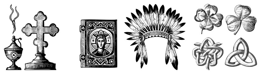 Obraz premium Set of etched featuring a sacred, an ancient holy book, a traditional war bonnet, and mystical knotwork. These woodcut emblems include a liturgical censer and shamrocks.