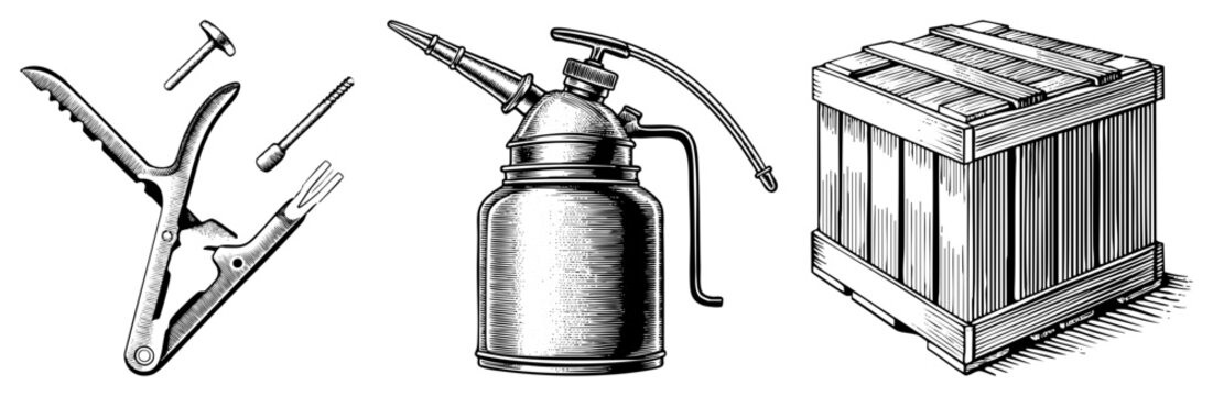 Collection of hand drawn tools including a classic oiler, a sturdy wooden crate, and various fasteners. This rustic hardware kit features a traditional pump sprayer and metal nails.