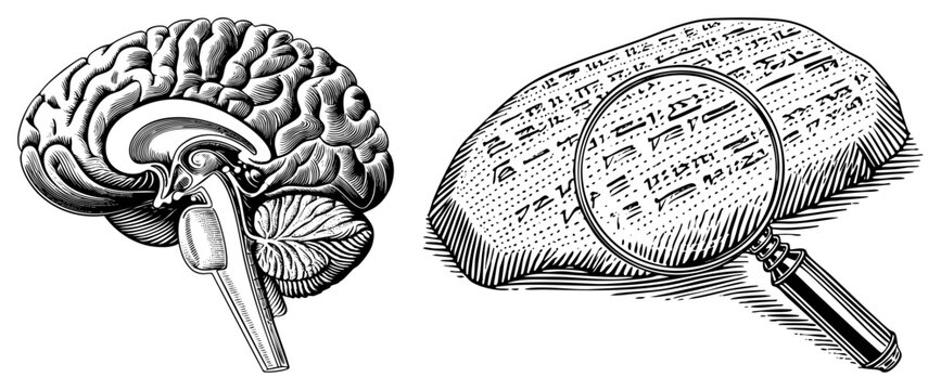 Detailed engraving featuring a human cerebrum alongside an archaeological find. This mental organ and ancient script tablet are examined closely through a handheld glass lens.