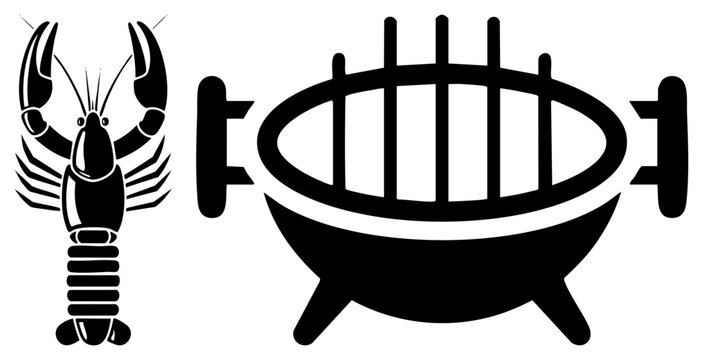 Stylized crawfish paired with a classic barbecue pit, featuring a crustacean and a cookout brazier in a bold stencil aesthetic. This seafood and grilling duo is perfect for summer menus.