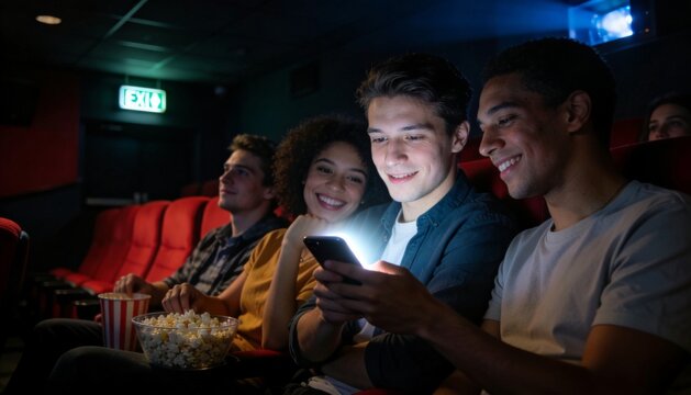 Face lit by smartphone in dark theater with friends sharing phone glow during movie night