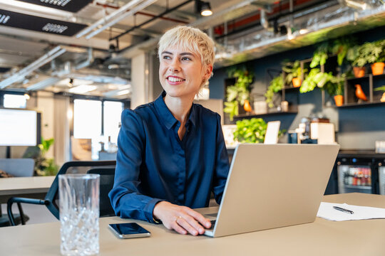 Smiling businesswoman working on laptop at the office