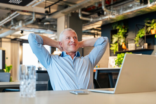 Smiling executive relaxing at desk with laptop in modern office