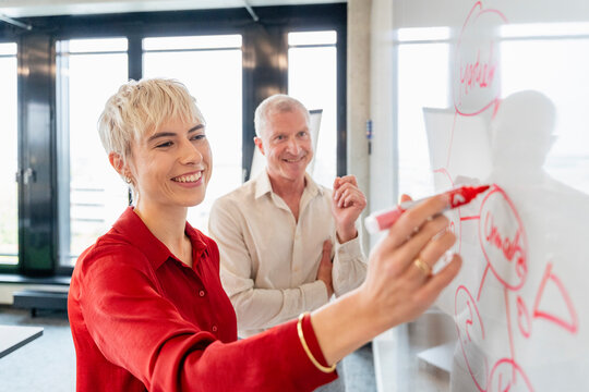 Smiling businesswoman and man at office whiteboard meeting