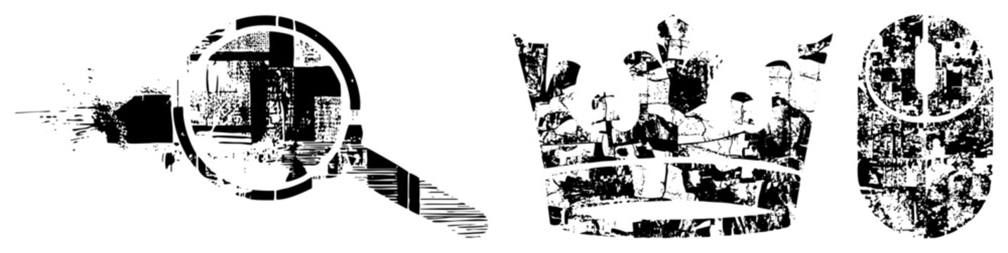 Gritty collection featuring a detective glass, a tiara, and a clicker. These stencil style use heavy halftone textures and fragmented shapes for an edgy aesthetic.