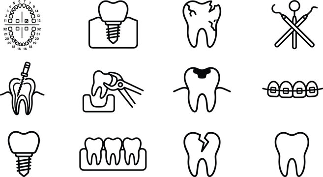 Dental Surgery and Endodontic Treatment Icon Set with Root Canal, Braces, Teeth Chart, and Implant Outlines for Clinics