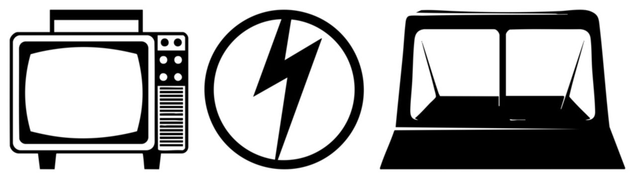 Collection featuring a classic cathode ray tube telly, a lightning bolt symbol, and a stylized computer monitor. These vintage electronics present a high contrast silhouette style.