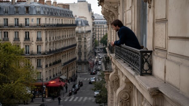 Young White Man Leaning On Balcony Overlooking Paris Boulevard, Rainslick Street And Haussmann Architecture In Soft Overcast Light, Hands On Ornate Railing, Reflective Expression, Morning