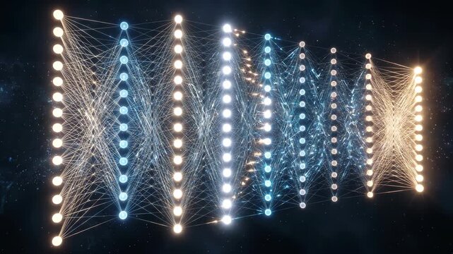 Deep Neural Network Visualization with Glowing Nodes and Data Flow Animation on Dark Background