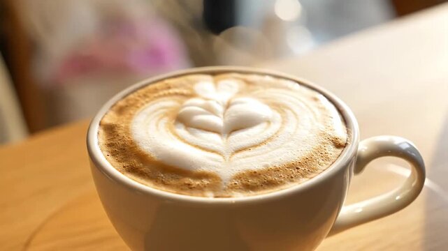 Delicate latte art forms heart pattern on frothy cappuccino surface in white mug