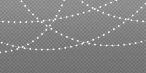 Fototapeta premium Silver Christmas lights PNG. Luminous string garland with glowing white bulbs and realistic LED lamps. Xmas design for advertising and brochure. Vector illustration.