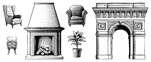 Fototapeta premium Antique home furnishings including a cozy hearth, ornate mantelpiece, plush armchair, stone portal, and leafy houseplant. Perfect for sketching a traditional parlor or study.