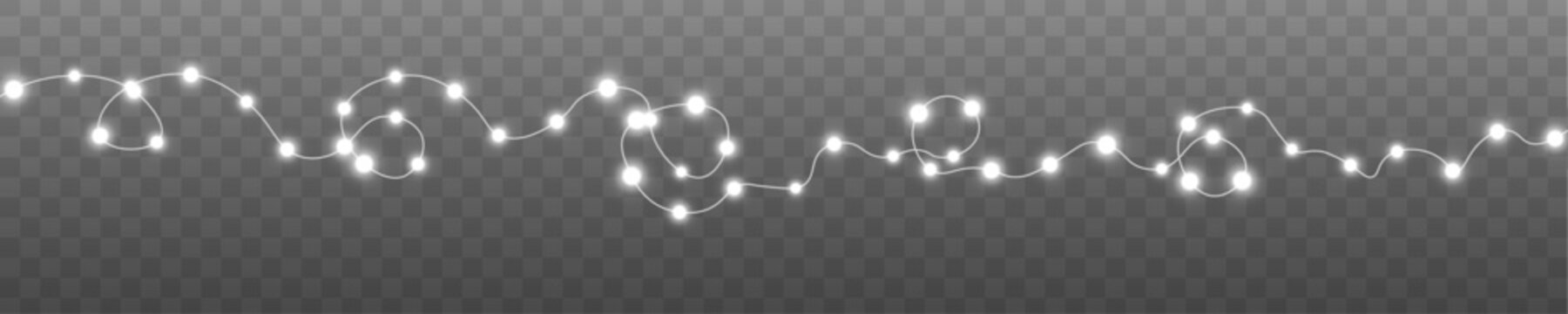 Christmas luminous decoration PNG. Silver string garland with glowing LED lamps and white bulb lights. Realistic Xmas vector design for web banners and poster.