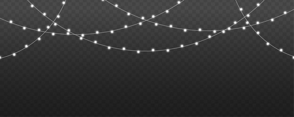 Fototapeta premium Christmas string lights PNG. Silver realistic garland with luminous white bulbs and glowing LED lamps. Xmas decoration isolated on transparent background. Vector illustration.