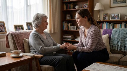 Fototapeta premium Elderly woman and young woman talking.