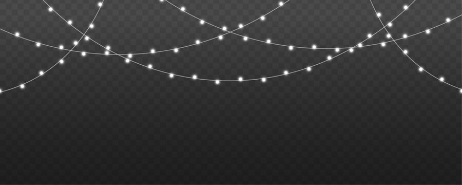 Christmas string lights PNG. Silver realistic garland with luminous white bulbs and glowing LED lamps. Xmas decoration isolated on transparent background. Vector illustration.