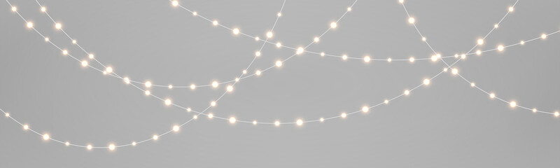 Xmas luminous string garland PNG. Christmas lights with realistic golden LED lamps and glowing yellow bulb lights. Decoration for greeting card and invitations. © Mirotvoric