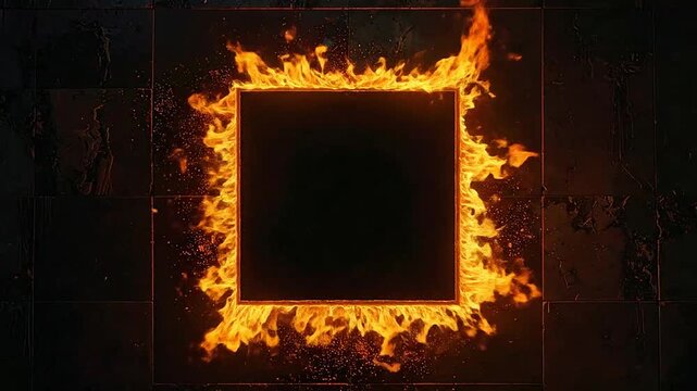 A glowing square frame is surrounded by intense orange flames and flying sparks