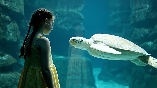 Little girl watching sea turtle swimming in large aquarium tank with blue water rock