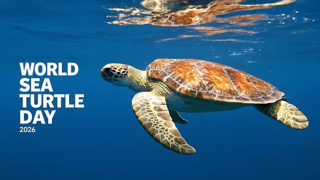 World Sea Turtle Day 2026 text with a green sea turtle swimming in the deep blue sea