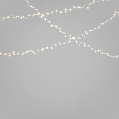 Fototapeta premium Xmas luminous garland PNG. Christmas string lights with golden glowing LED lamps and yellow bulb lights. Realistic decoration isolated on transparent background.