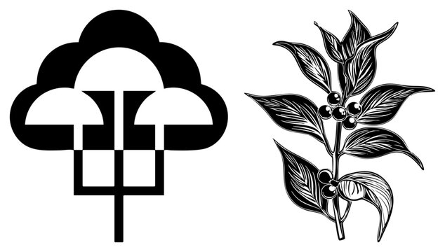Bold graphic cloud totem alongside a detailed botanical coffee sprig. This set features a stylized sky sign and a caffeine plant branch with berries for organic design projects.