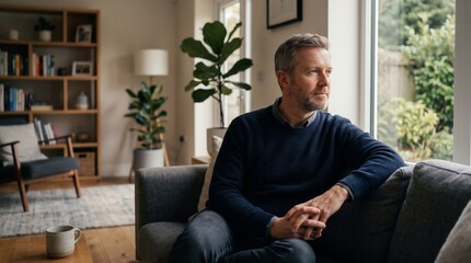 Fototapeta premium Man sitting on a couch looking outside.