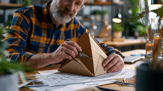 Corrugated cardboard packaging designer scoring and folding a prototype mailer structure at a sustainable packaging development studio workbench, structural dieline drawings spread beneath the proto