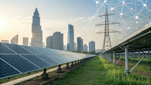 Solar panels installed near a modern city skyline with digital network overlay, symbolizing clean energy and smart technology integration.
